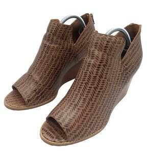 Mark Jenkins Wedge Booties Peep Toe Brown Leather Zip‎ Up Women's Size 10